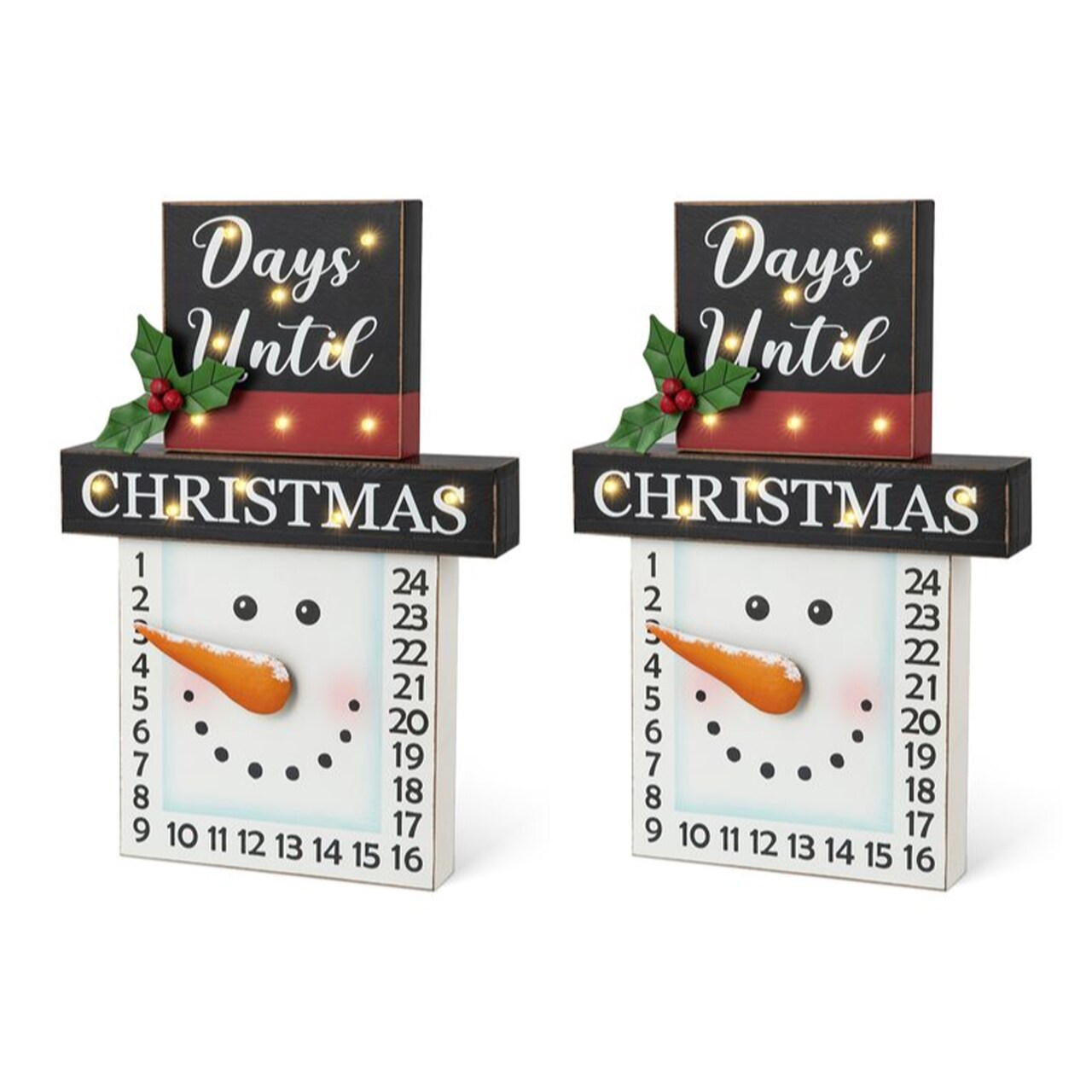 Set of 2 15"H Lighted Wooden Christmas Snowman Advent Calendar Décor
